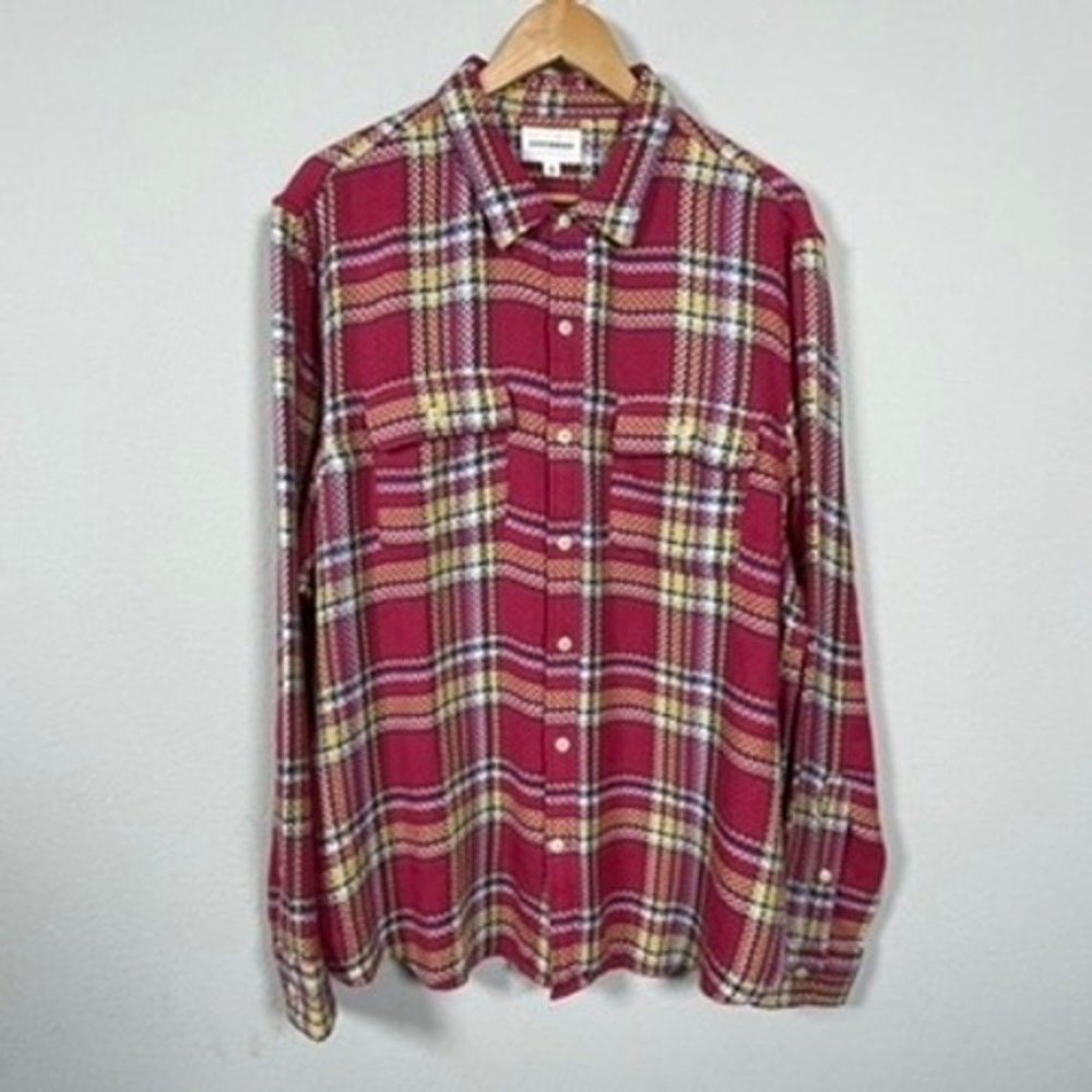 Lucky Brand Plaid Button Down Mens XL Red Yellow Excellent Textured Cotton Shirt